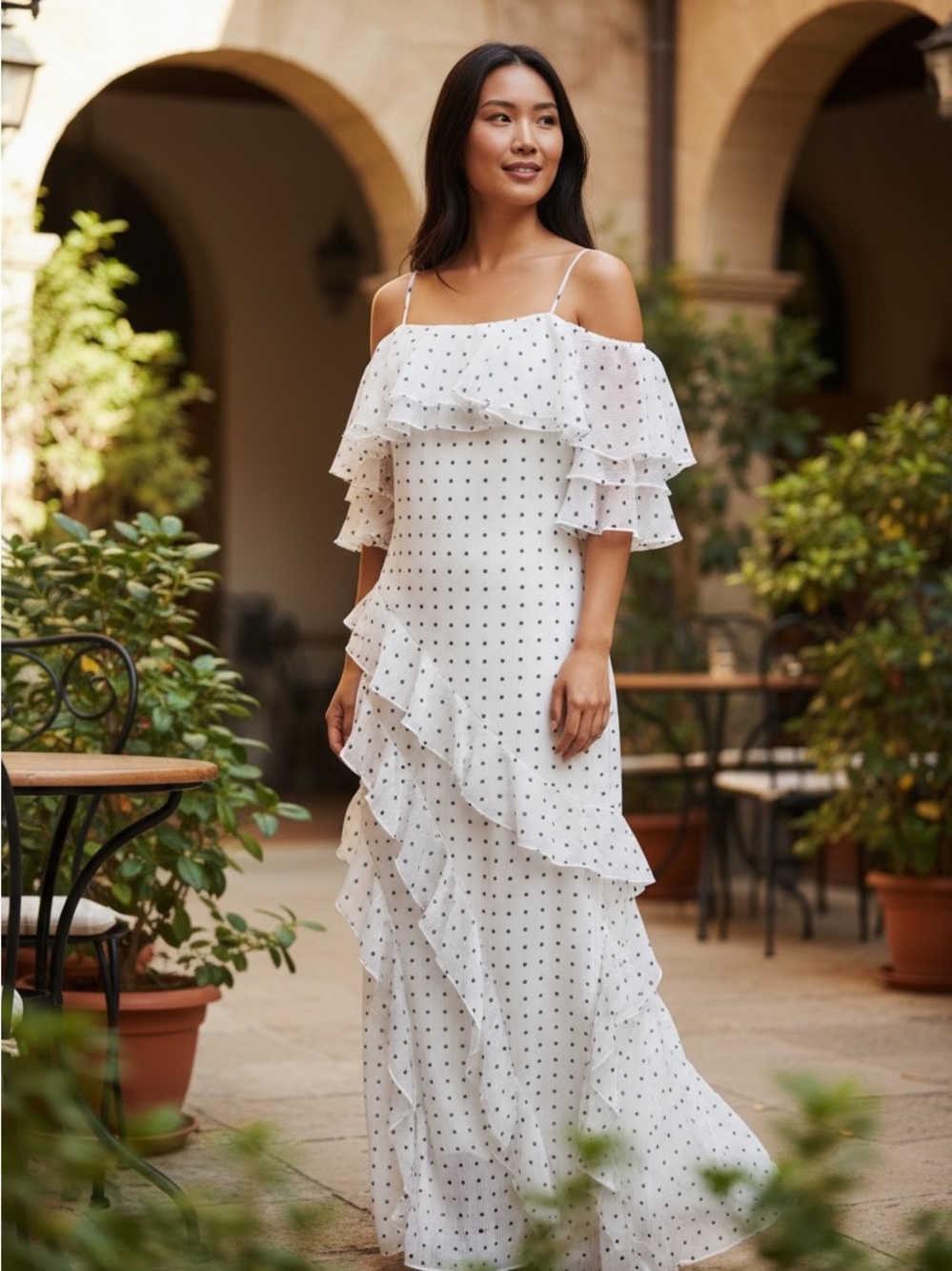 wild fable White Polka Dot Off-Shoulder Ruffle Maxi Dress